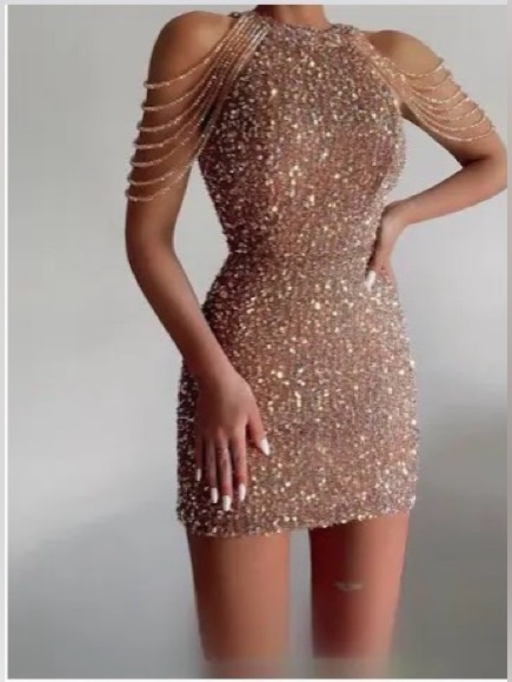 Embellished Rose Gold Cold-Shoulder Mini Dress